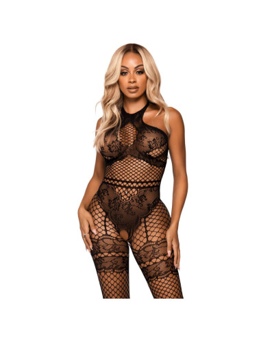 LEG AVENUE - NET HALTER BODYSTOCKING ONE SIZE - BLACK