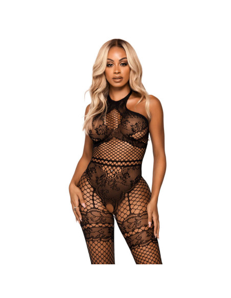 LEG AVENUE - NET HALTER BODYSTOCKING ONE SIZE - BLACK