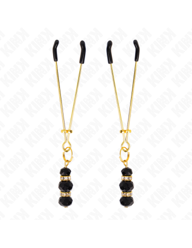 KINK - GOLD THIN NIPPLE CLAMPS WITH 3 BLACK GLASS BEADS 7 CM