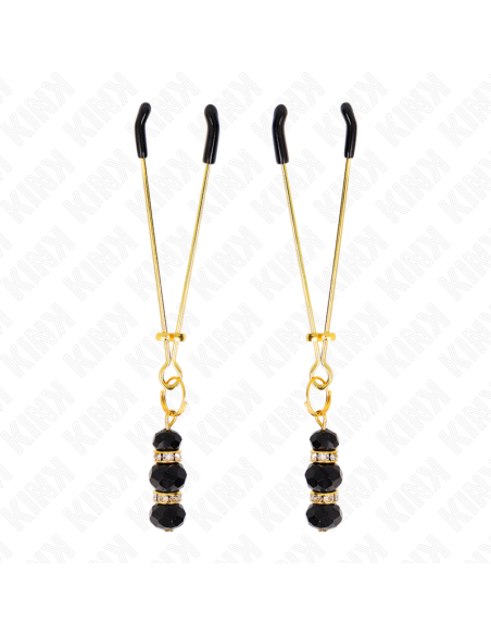 KINK - GOLD THIN NIPPLE CLAMPS WITH 3 BLACK GLASS BEADS 7 CM