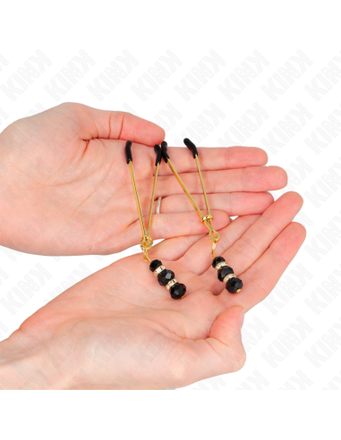 KINK - GOLD THIN NIPPLE CLAMPS WITH 3 BLACK GLASS BEADS 7 CM
