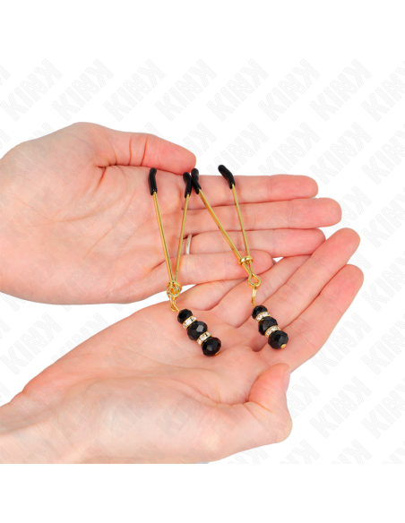 KINK - GOLD THIN NIPPLE CLAMPS WITH 3 BLACK GLASS BEADS 7 CM