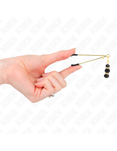 KINK - GOLD THIN NIPPLE CLAMPS WITH 3 BLACK GLASS BEADS 7 CM