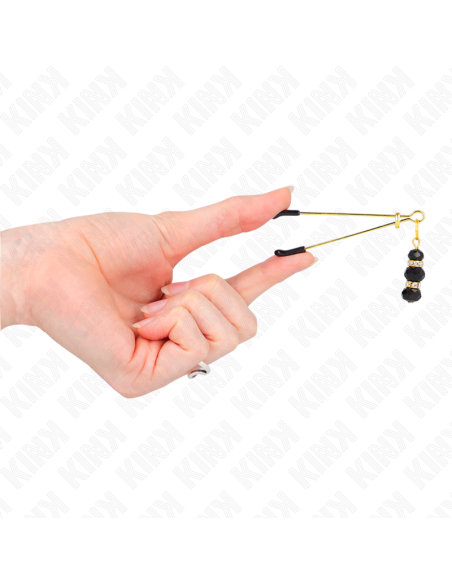KINK - GOLD THIN NIPPLE CLAMPS WITH 3 BLACK GLASS BEADS 7 CM