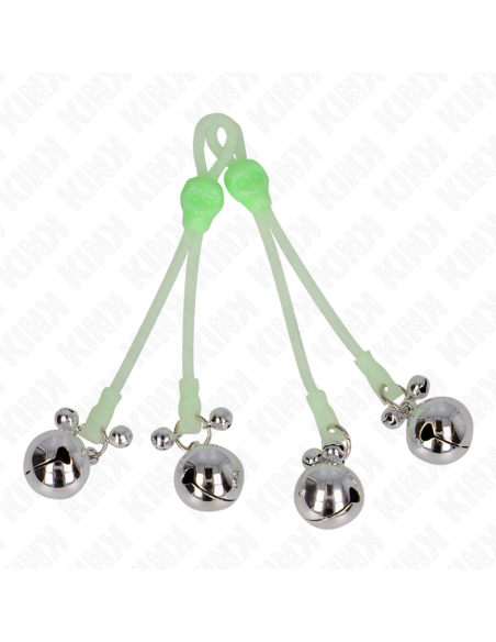 KINK - LUMINOUS SKULL NIPPLE CLAMPS WITH RING BELLS ADJUSTABLE GREEN - SILVER