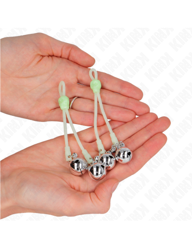 KINK - LUMINOUS SKULL NIPPLE CLAMPS WITH RING BELLS ADJUSTABLE GREEN - SILVER