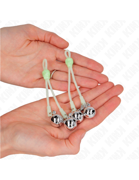 KINK - LUMINOUS SKULL NIPPLE CLAMPS WITH RING BELLS ADJUSTABLE GREEN - SILVER