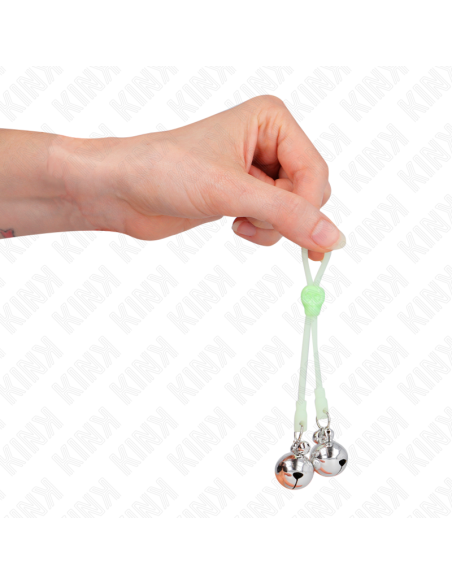 KINK - LUMINOUS SKULL NIPPLE CLAMPS WITH RING BELLS ADJUSTABLE GREEN - SILVER