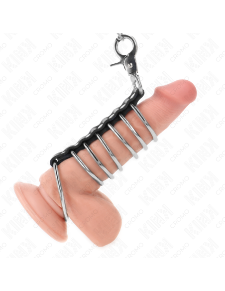 KINK - 7 METAL PENIS RINGS 3.8 CM TO 5 CM CONNECTED WITH LEATHER AND METAL CHAIN 100 CM