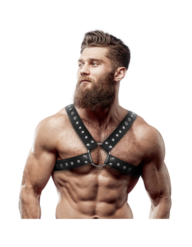 FETISH SUBMISSIVE ATTITUDE - MENS CROSS-OVER ECO-LEATHER CHEST HARNESS WITH STUDS