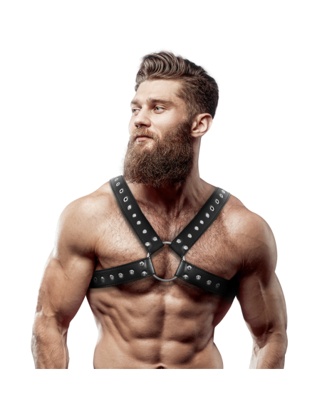 FETISH SUBMISSIVE ATTITUDE - MENS CROSS-OVER ECO-LEATHER CHEST HARNESS WITH STUDS
