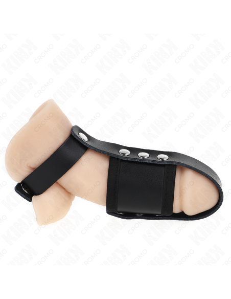 KINK - LEATHER PENIS CAGE RING WITH ADJUSTABLE COATED BALL DIVIDER STRAP