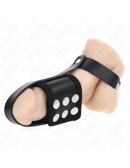 KINK - LEATHER PENIS CAGE RING WITH ADJUSTABLE COATED BALL DIVIDER STRAP