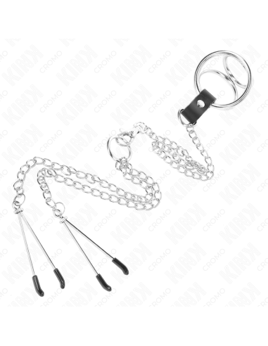 KINK - TRIPLE CHROME METAL PENIS RING 3 CM TO 4.5 CM WITH 26 CM METAL CHAIN AND NIPPLE CLIPS