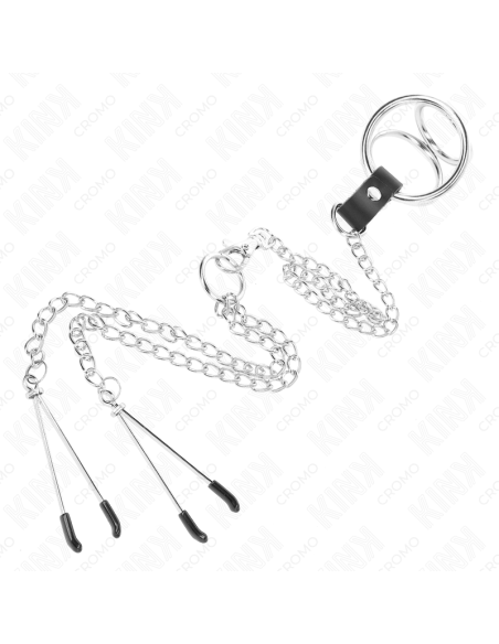 KINK - TRIPLE CHROME METAL PENIS RING 3 CM TO 4.5 CM WITH 26 CM METAL CHAIN AND NIPPLE CLIPS
