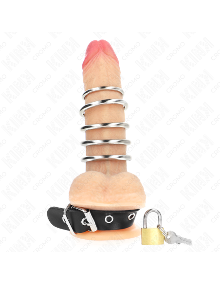KINK - LEATHER PENIS RING WITH LOCK STRAP 21 X 2 CM AND 5 METAL RINGS FROM 3 CM TO 4 CM
