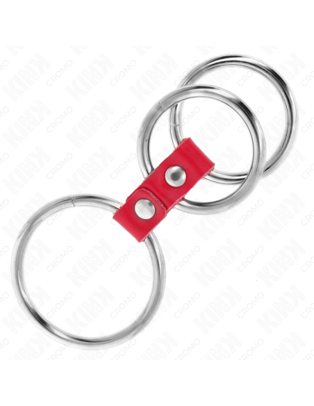 KINK - TRIPLE METAL PENIS RING 3.7 CM TO 5 CM CONNECTED WITH RED LEATHER