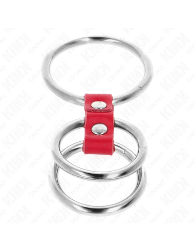 KINK - TRIPLE METAL PENIS RING 3.7 CM TO 5 CM CONNECTED WITH RED LEATHER