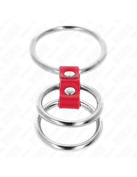 KINK - TRIPLE METAL PENIS RING 3.7 CM TO 5 CM CONNECTED WITH RED LEATHER