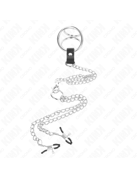KINK - TRIPLE CHROME METAL PENIS RING 3.8 CM TO 5 CM WITH 26 CM METAL CHAIN AND NIPPLE CLAMPS MODEL 1