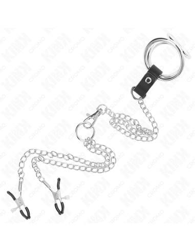 KINK - TRIPLE CHROME METAL PENIS RING 3.8 CM TO 5 CM WITH 26 CM METAL CHAIN AND NIPPLE CLAMPS MODEL 1