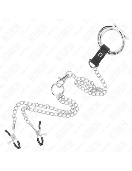 KINK - TRIPLE CHROME METAL PENIS RING 3.8 CM TO 5 CM WITH 26 CM METAL CHAIN AND NIPPLE CLAMPS MODEL 1