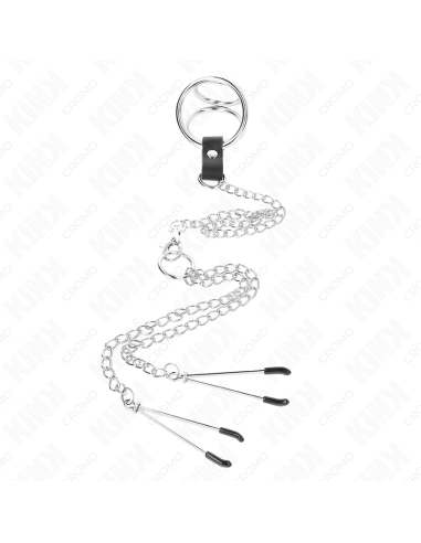 KINK - TRIPLE CHROME METAL PENIS RING 3.8 CM TO 5 CM WITH 26 CM METAL CHAIN AND NIPPLE CLAMPS MODEL 2