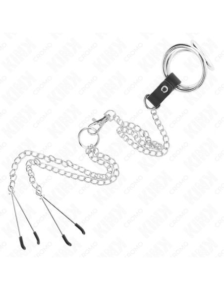KINK - TRIPLE CHROME METAL PENIS RING 3.8 CM TO 5 CM WITH 26 CM METAL CHAIN AND NIPPLE CLAMPS MODEL 2