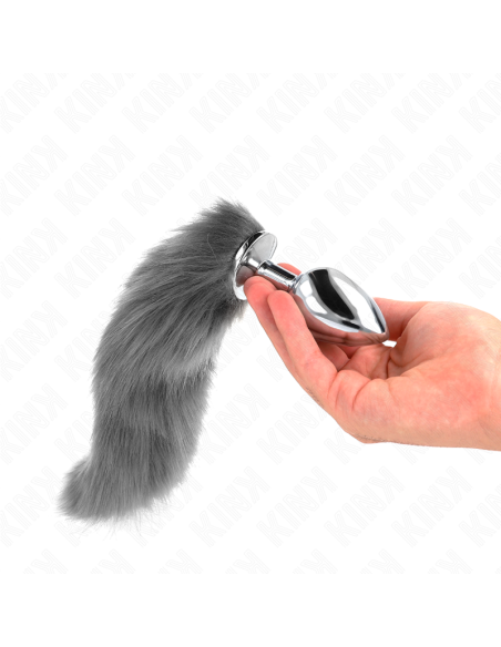 KINK - analinis kaištis, L dydis, 10 x 4 cm, su sintetine uodegėle, 40 cm, pilka ir balta