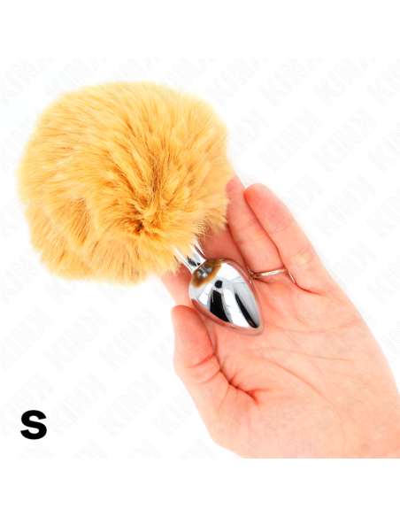 KINK - NERŪDIJANČIO PLIENO KAIŠTIS 7 x 3 CM SU SMĖLIO SPALVOS DIRBTINIS KAILIO TRIUŠIO UODEGOS GALVENAISIAIS 8 CM