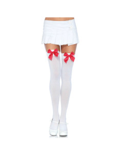 LEG AVENUE - NYLON THIGH HIGHS WITH BOW WHITE - RED