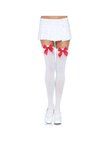 LEG AVENUE - NYLON THIGH HIGHS WITH BOW WHITE - RED