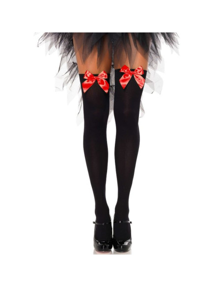 LEG AVENUE - BLACK NYLON THIGH HIGHS WITH RED BOW ONE SIZE