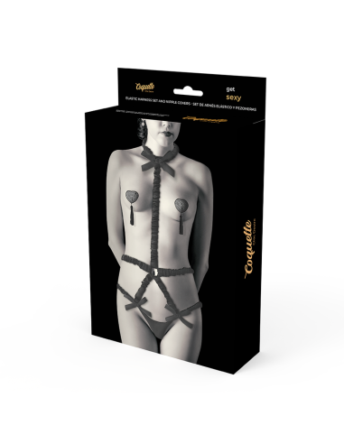 COQUETTE CHIC DESIRE - ELASTIC HARNESS SET AND NIPPLE COVERS BLACK