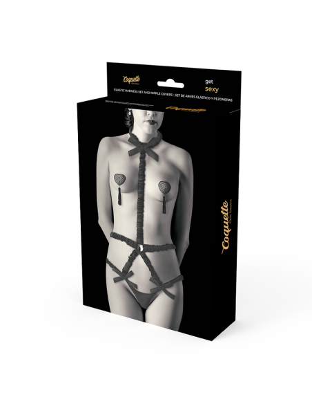 COQUETTE CHIC DESIRE - ELASTINGŲ DIRŽŲ RINKINYS IR JUODOS SPALVOS SPENELIŲ UŽVALKALAI