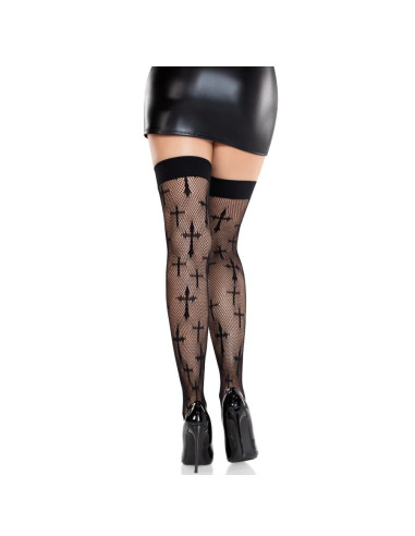 LEG AVENUE - WORSHIP ME LACE STOCKINGS BLACK