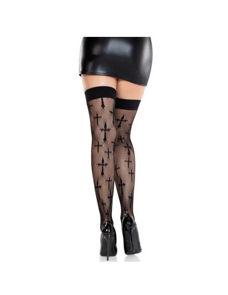 LEG AVENUE - WORSHIP ME LACE STOCKINGS BLACK