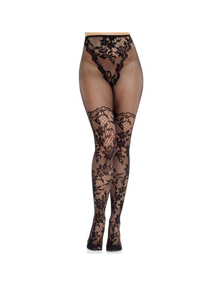 LEG AVENUE - DAHLIA LACE STOCKINGS WITH NET DETAIL BLACK