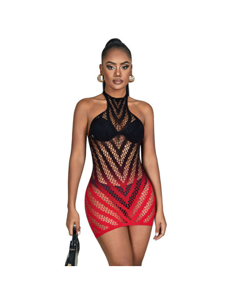 SUBBLIME - 952242 RED AND BLACK DEGRADED ELASTIC FISHNET DRESS ONE SIZE