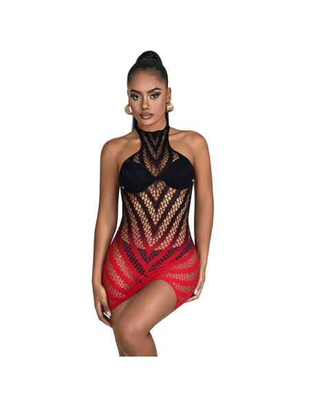 SUBBLIME - 952242 RED AND BLACK DEGRADED ELASTIC FISHNET DRESS ONE SIZE