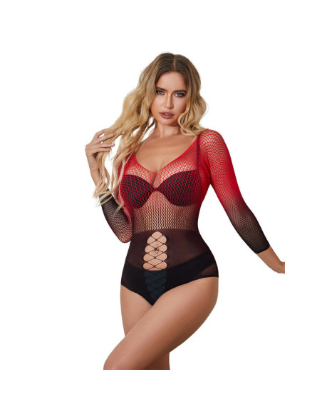SUBBLIME - 952259 RED AND BLACK GRADIENT LONG SLEEVE ELASTIC FISHNET DRESS ONE SIZE