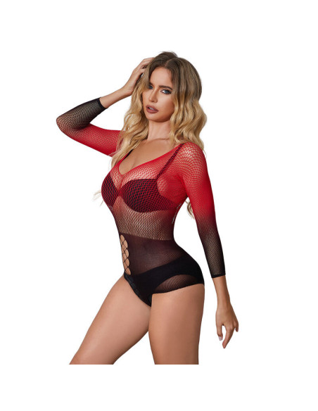 SUBBLIME - 952259 RED AND BLACK GRADIENT LONG SLEEVE ELASTIC FISHNET DRESS ONE SIZE
