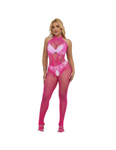 SUBBLIME - 952389 FISHNET AND LACE CROTCHLESS BODYSTOCKING WITH HIGH NECK PINK ONE SIZE