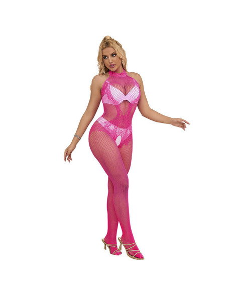 SUBBLIME - 952389 FISHNET AND LACE CROTCHLESS BODYSTOCKING WITH HIGH NECK PINK ONE SIZE