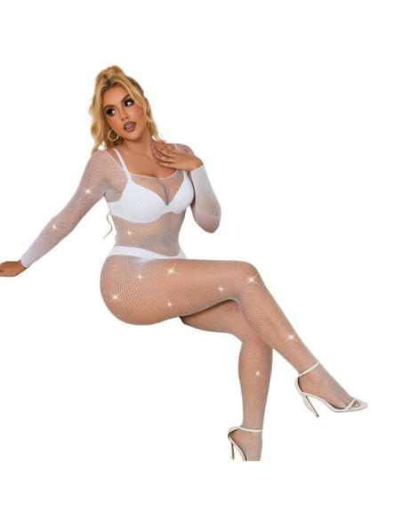 SUBBLIME - 952396 FISHNET BODYSTOCKING WITH DIAMONDS LONG SLEEVE WHITE ONE SIZE