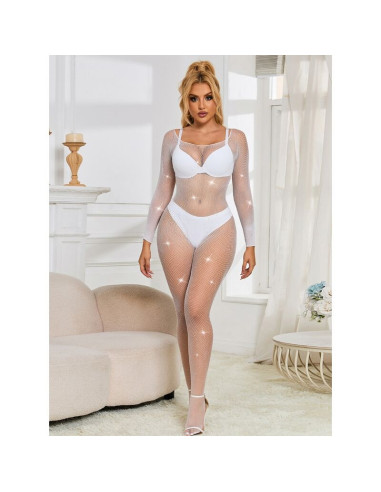SUBBLIME - 952396 FISHNET BODYSTOCKING WITH DIAMONDS LONG SLEEVE WHITE ONE SIZE