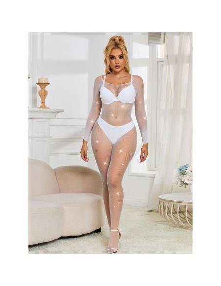 SUBBLIME - 952396 FISHNET BODYSTOCKING WITH DIAMONDS LONG SLEEVE WHITE ONE SIZE