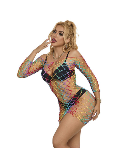 SUBBLIME - 952426 RAINBOW LONG SLEEVE FISHNET DRESS ONE SIZE