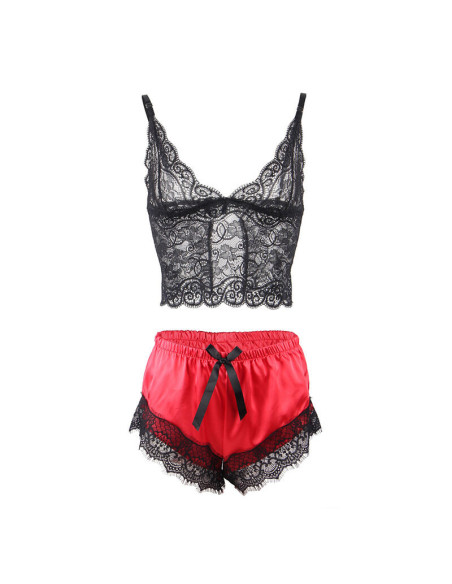 SUBBLIME - 953959 CASUAL SILK NIGHTGOWN LACE PANTS BLACK-RED S-M