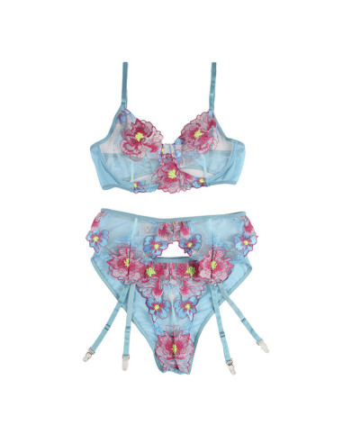 SUBBLIME - 954116 BRA PANTIES WITH GARTER BELT FLORAL DESIGN BLUE L-XL